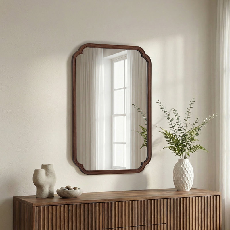 Ali Solid Wood Scalloped Wall Mirror, Walnut, 1, 40" x 28"