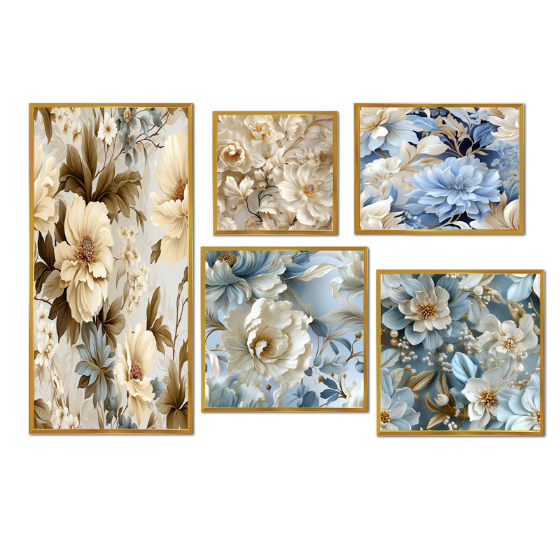 Ensemble de 5 décorations murales florales Ethereal, Cadre flottant doré