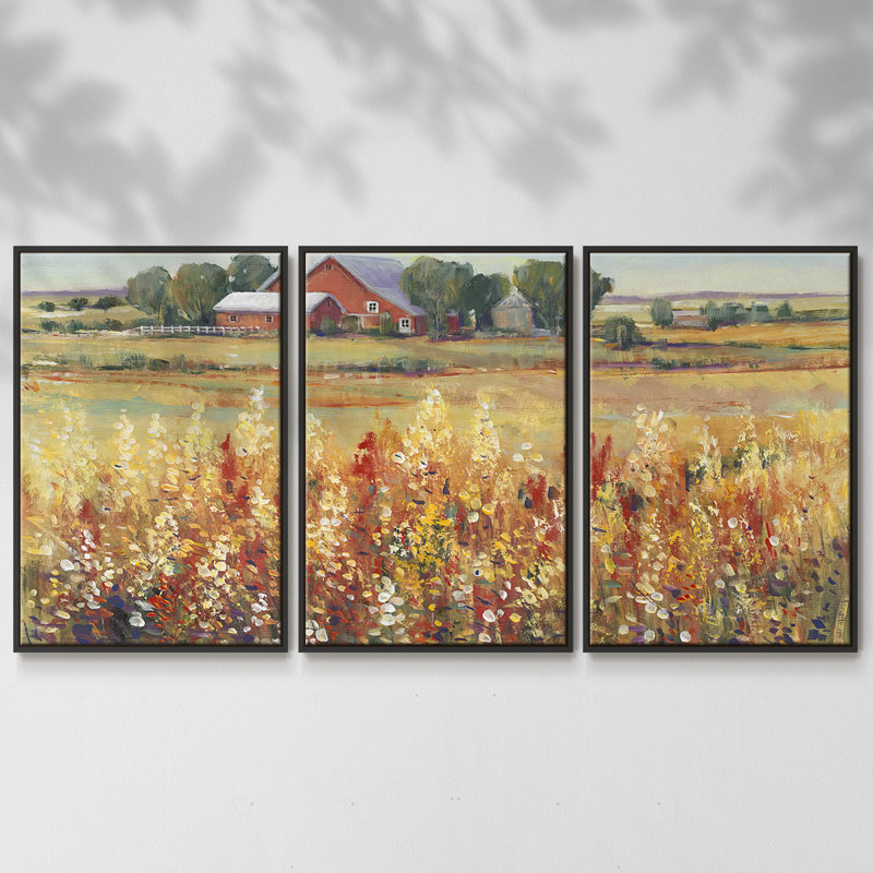 «Country View I», peinture sur toile 3 pièces, H 36 po x l 75 po, Cadre noir