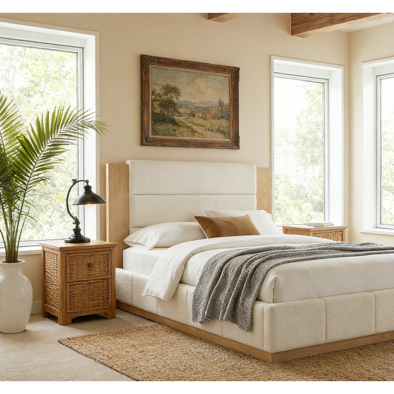 Structure de lit tapissier avec tête de lit allongée en bois, Blanc, Très grand lit