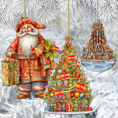 3 Piece Spanish-Inspired Santa Wooden Ornaments