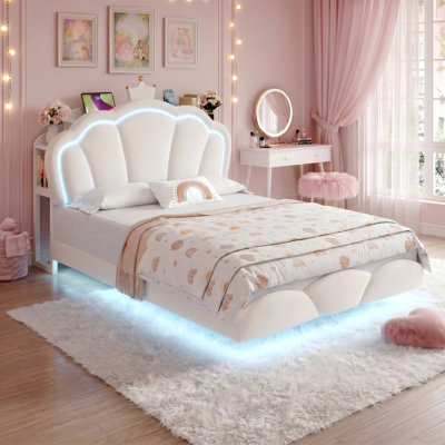 Floating Cloud Crown Velvet Bed with Headboard Storage, LED Light & Built-in Charging Outlet