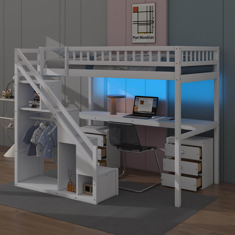 Lit mezzanine amélioré avec bureau et barre lumineuse illuminée, Simple, Blanc