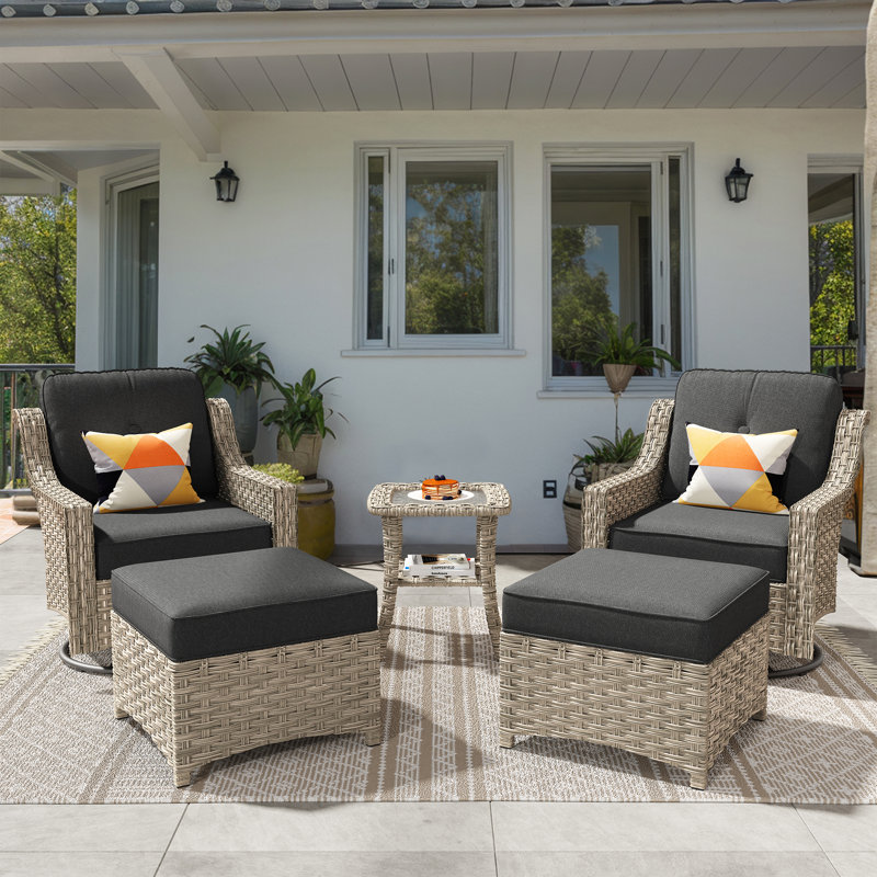 Ensemble de conversation en rotin pour 4 personnes avec chaises berçantes pivotantes, Noir