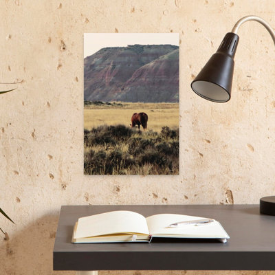 Art contemporain, paysage de montagne minimaliste, cheval paisible et rustique