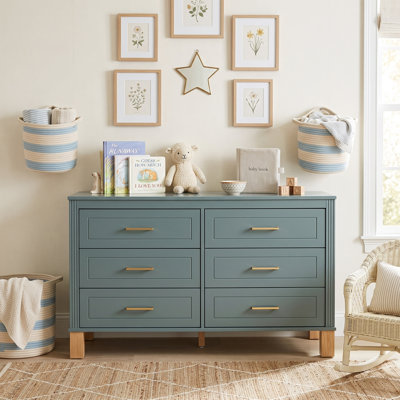 47" Modern 6-Drawer Double Dresser, Teal Storage Cabinet with Gold Hardware & Solid Wood Legs