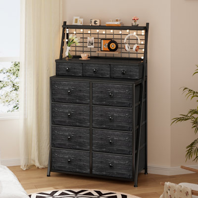 Grande commode 11 tiroirs avec tablette grillagée en métal et lumières à DEL, commode double pour chambre à coucher avec tablette à 2 niveaux