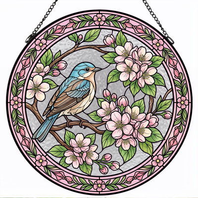 Bird Blossom Stained Glass Window Panel，12"H