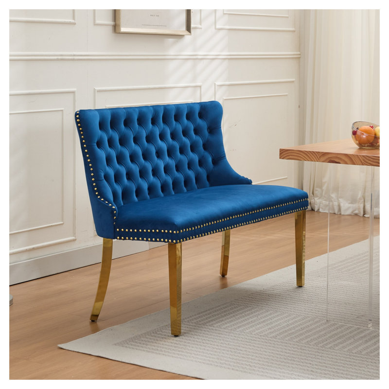 Banc de causeuse double en velours avec dossier touffeté à la main en velours bleu