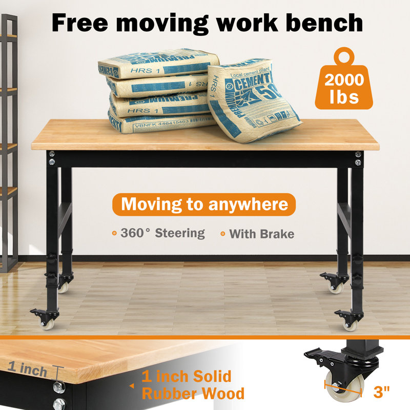 48'' Adjustable Height Oak and Steel Workbench with Wheels