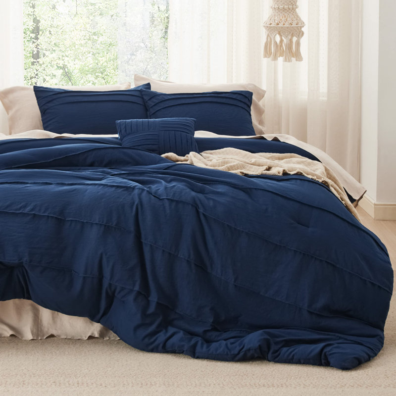 Bedsure Pinch Pleat Comforter Set Boho Bed-in-A-Bag Bedding Set with  Pillowcases for All Season, Navy