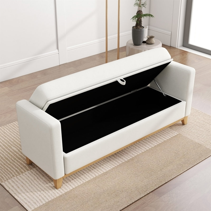Banc de rangement en sherpa beige de 168 cm avec pieds en bois massif et 2 coussins cylindriques