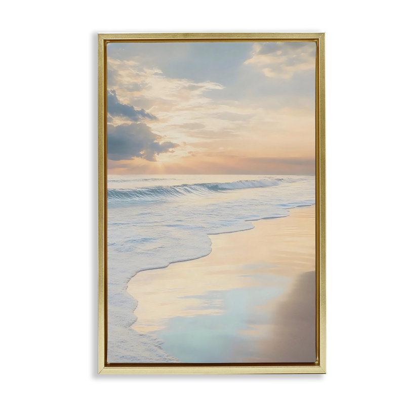 «Tranquil Beach with Sunset Reflection Floater», art mural par LSR Creative Studio, H 25 po x l 17 po