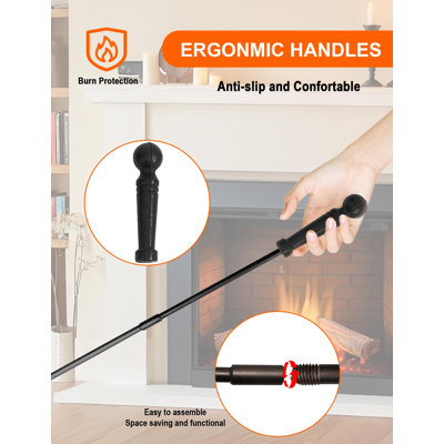 Large Fireplace Tools Set, Fire Place Tools Indoor Outdoor Fire Place Poker Set with Stand, Including Fireplace Poker, Fireplace Tongs, Fireplace Shovel, Fireplace Brush and Sturdy Base, 5 Pcs, (Black)