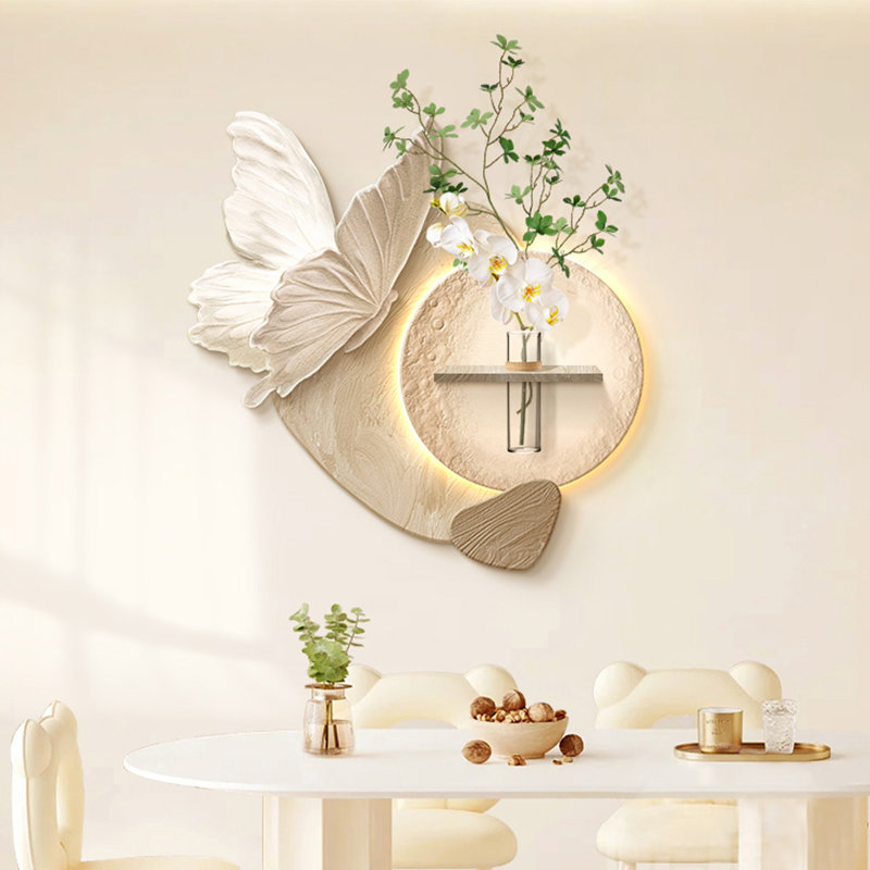 3D Butterfly Sandstone Wall Decor with LED Light, Wall Mount Floating Shelf Art with Glass Water Vase & Artificial Orchid Greenery