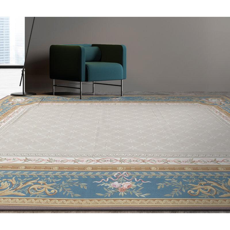 Hand-Knotted High-Quality Beige and Teal Area Rug