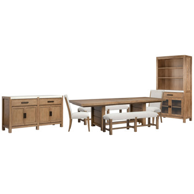 Table de salle à manger rectangulaire avec 2 bancs, 2 chaises d'appoint rembourrées et une vitrine