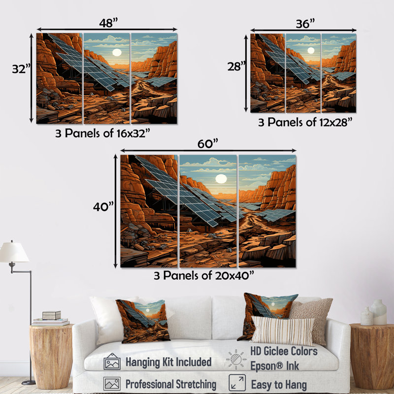 Orange Desert Solar Panels Field - Panneaux solaires, art mural, Toile tendue, H 32 po x l 48 po x P 1 po