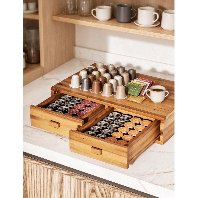 Boîte de rangement pour dosettes en bois d'acacia avec deux tiroirs, un organisateur de comptoir et un porte-gobelet K pour les capsules espresso, les sachets de thé et les essentiels de cuisine
