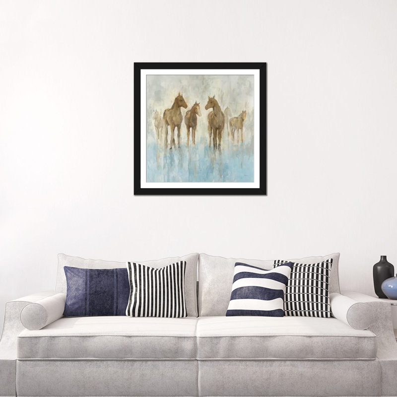 «Horses», reproduction sur toile, H 16 po x l 16 po x P 1 po, Papier d'art encadré noir, Blanc