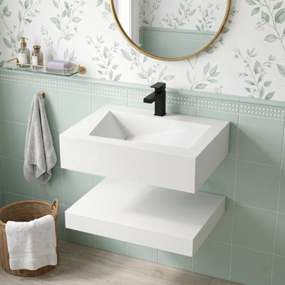 24" V-Shaped Stone Resin Sink Wall-Mounted Floating Bathroom Vanity with Integrated Basin, Double-Layer Open Shelf