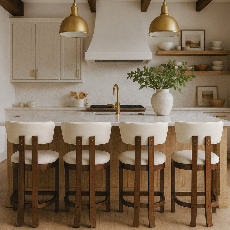 Tabouret de comptoir rembourré en cuir Phalan, Noyer teinté, Cuir crème végétalien