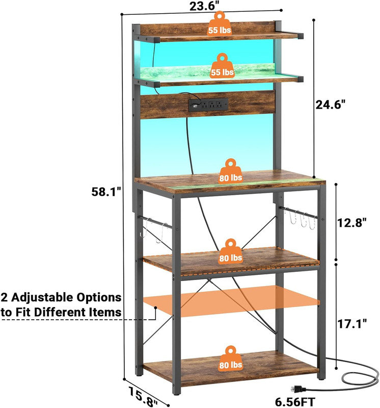 5-Tier Kitchen Microwave Stand with Power Outlet & LED Lights - Coffee Bar Station with 6 S-Hooks - Spice/Pot/Pan Storage Rack - Free Standing Utility Shelf
