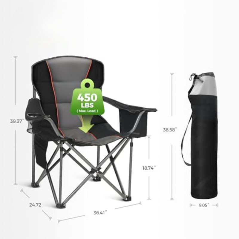 Chaises de camping surdimensionnées entièrement rembourrées avec support lombaire | Armoire en acier robuste de 500 lb, robuste, durable, sac isotherme, tissu Oxford 600D, porte-gobelet, sac de transport, poche, facile à installer