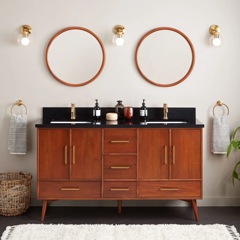 60" Novak Double Bathroom Vanity Set with Rectangular Undermount Sinks, Single-Hole, Arctic White Quartz, Natural Teak