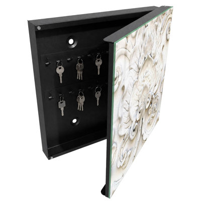Key cabinet for wall, Opens to the left, 30x30x5, Black, Intricately decorated patterns with a floral motif, 