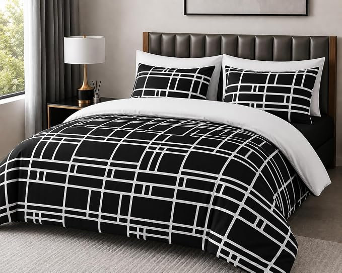 Microfiber Chequered Duvet Cover Set, Single Bed (135 x 200 cm)
