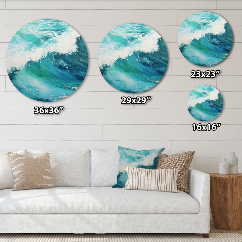 «Ocean Teal Wave Expression I» - art mural rond en métal bord de mer, H 16 po x l 16 po