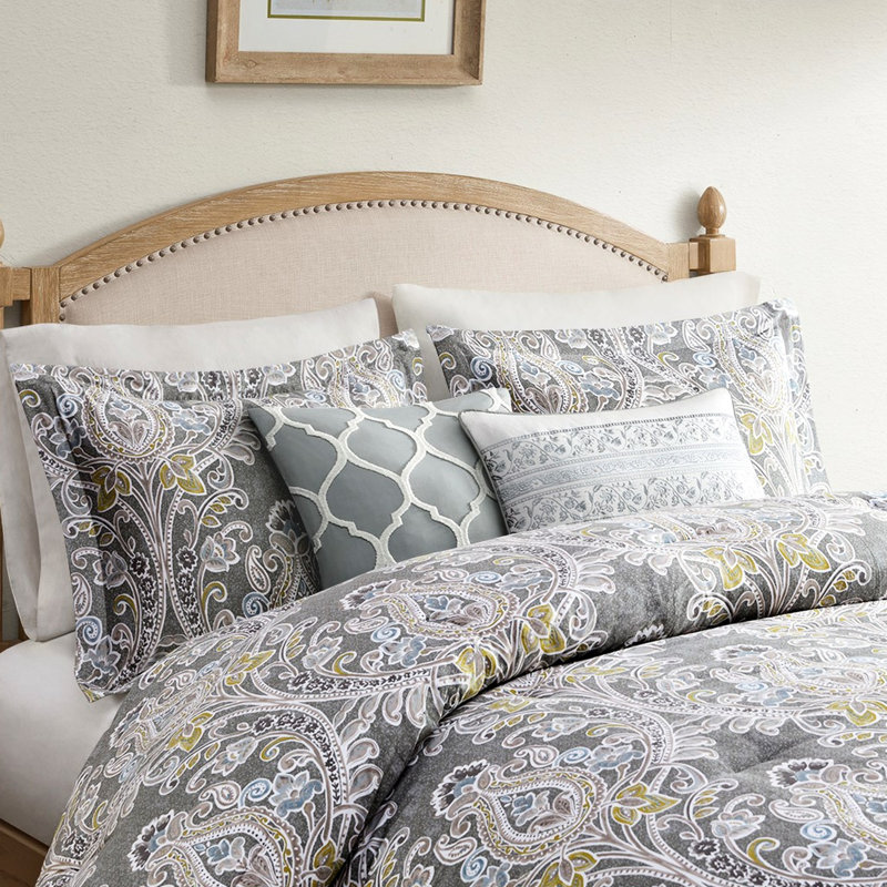 Housse de couette grise en coton king avec taies d'oreiller et oreillers, ensemble de 5 pièces pour lit avec attaches intérieures