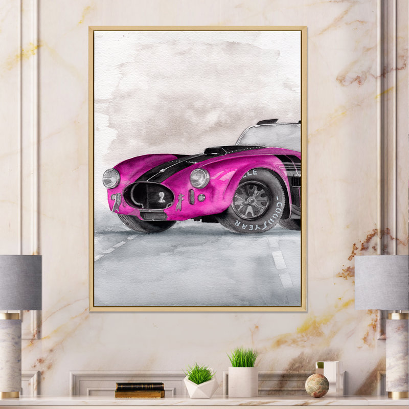 «Beautiful Old Magenta Car on Grey», peinture sur toile, H 44 po x l 34 po x P 1,5 po, Cadre flottant érable