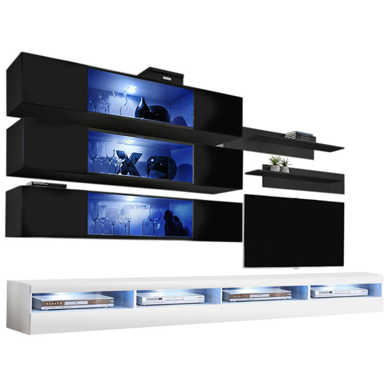Linton 126" Modern Floating Wall Mounted Entertainment Center with 16-Color LED Lighting, High Gloss Finish, Black/White