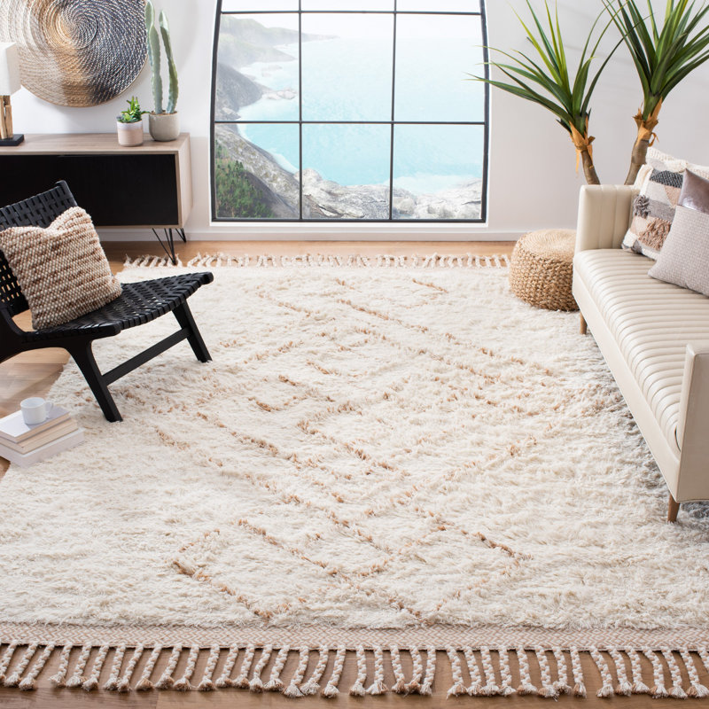 Tapis beige en laine tissé à plat à la main Powell, Rectangle 5 pi x 8 pi