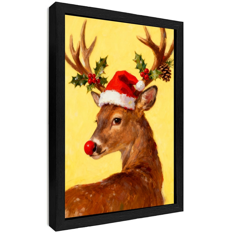 Art encadré noir, cerf de Noël rétro avec nez rouge, impressions de style rétro, H 11 po x l 9 po