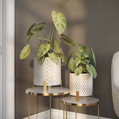 Honeycomb Mid Century Modern Indoor Metal Pot Planter 4-Leg Metal Base - Set