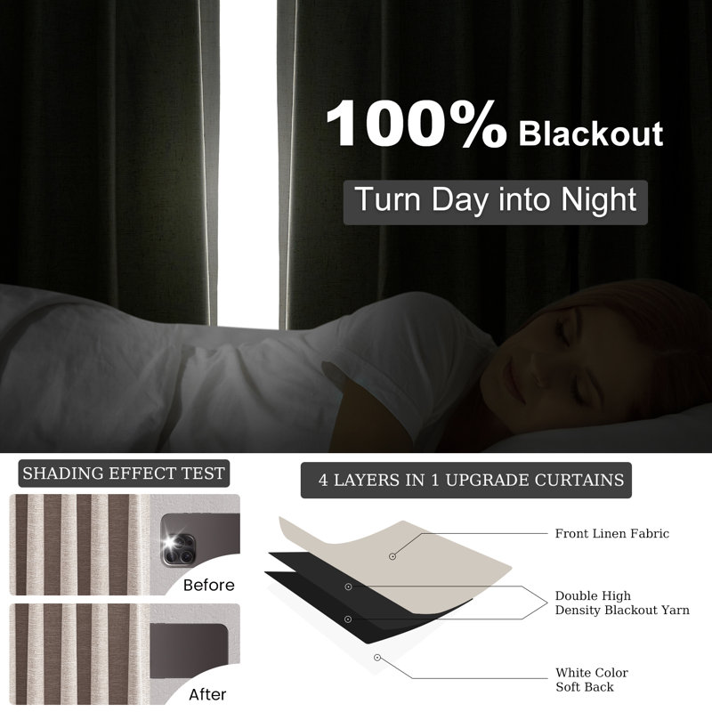 Pinch Pleated Curtains,Full Blackout Drapes Back Tab Pinch Pleat Curtain with Hooks+Rings, NaturalLinen, 40" W x 84" L