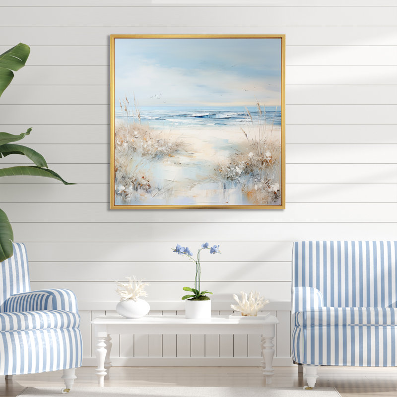 «Coastal Ocean Charm in Winter» - art mural océan côtier, H 16 po x l 16 po x P 1 po, Cadre flottant doré