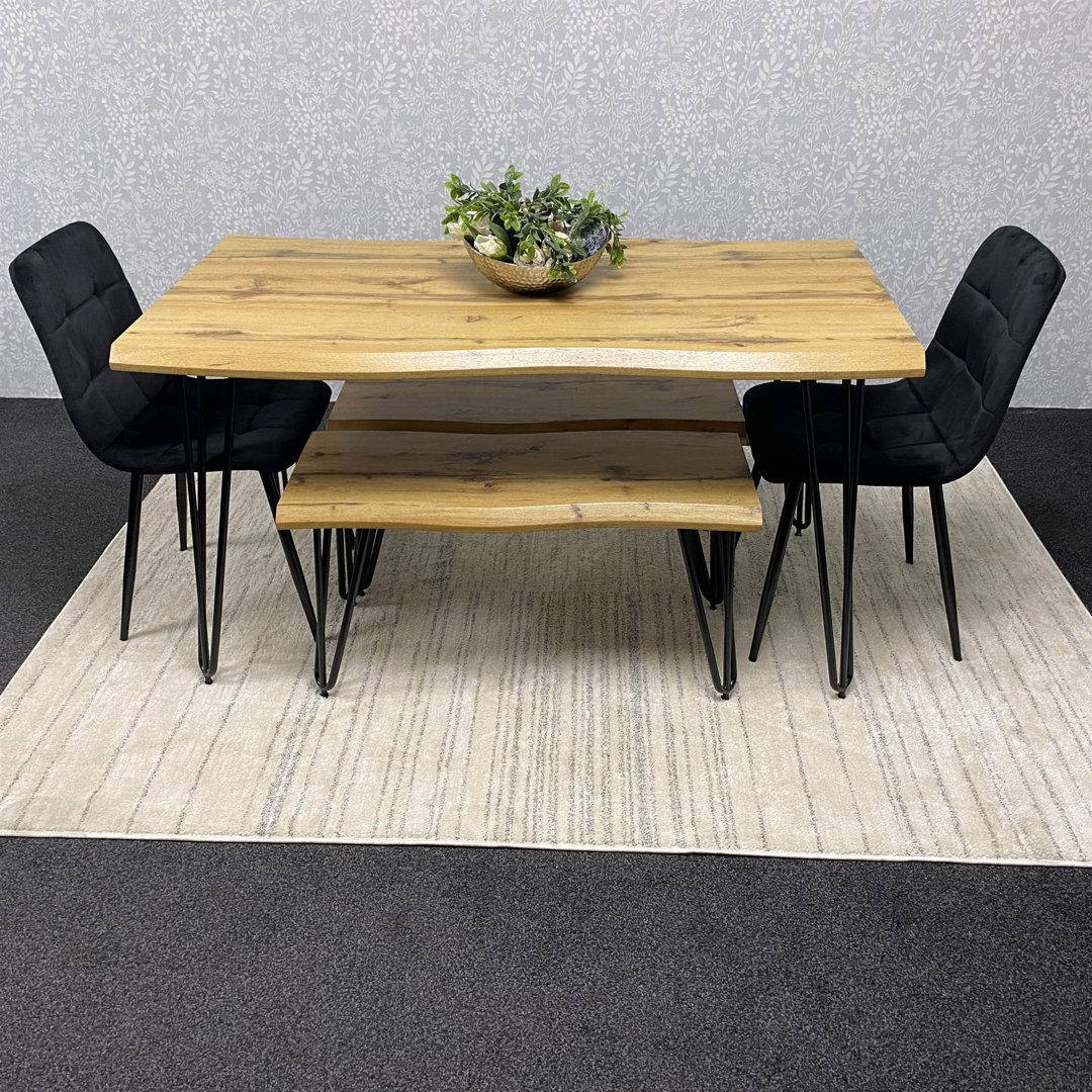 Wooden Dining Table with 2 Benches and 2 Velvet Chairs