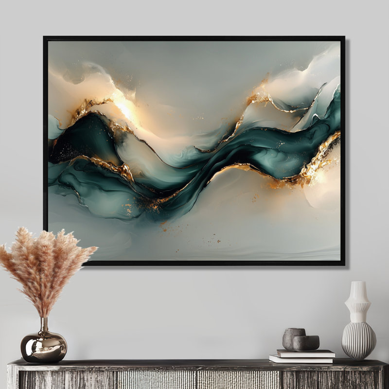 Marbre émeraude fractal, vagues océaniques II - art abstrait sur toile marbrée, Noir, Cadre flottant, H 24 po x l 32 po