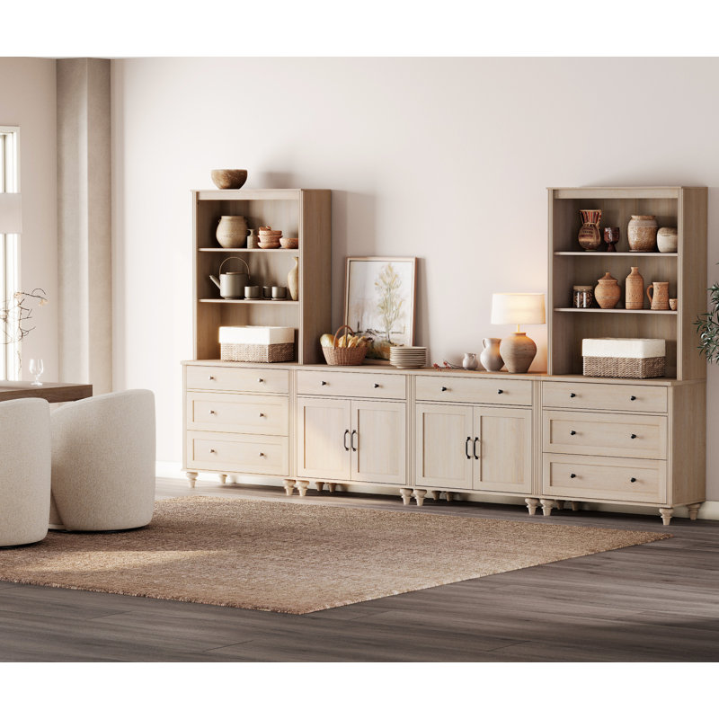 Scarlett Sideboard Cabinet With Bar Hutch, Buffet Cabinet With 4 Wood Doors, 8 Drawers And 3 Tier Shelves, 135'', Beige