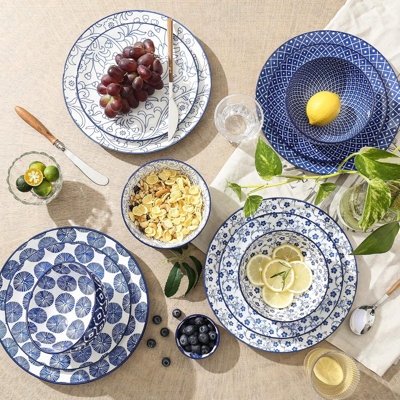 12-Pieces Ceramic Dinnerware Sets,Plates and Bowls Sets for 4,Dishwasher Safe,Vintage Blue