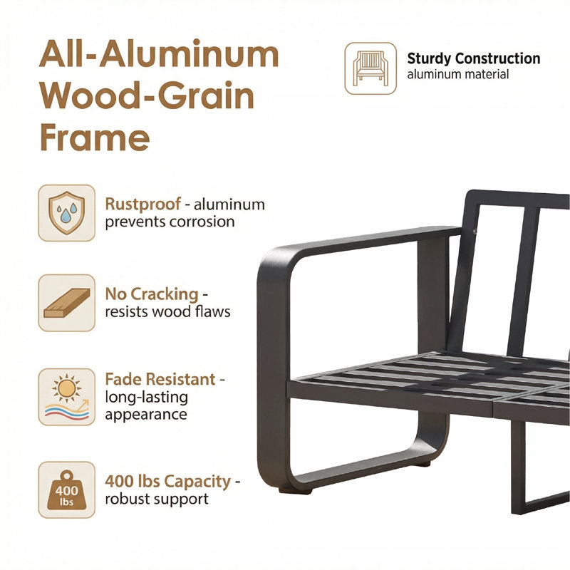 54.3’’ Wide Aluminum Outdoor Patio Loveseat With Cushions, Light Gray Cushion/Black Frame