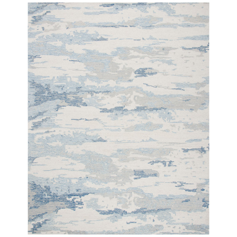 Ivory and Blue Abstract Hand-Tufted Wool 8' x 10' Rug