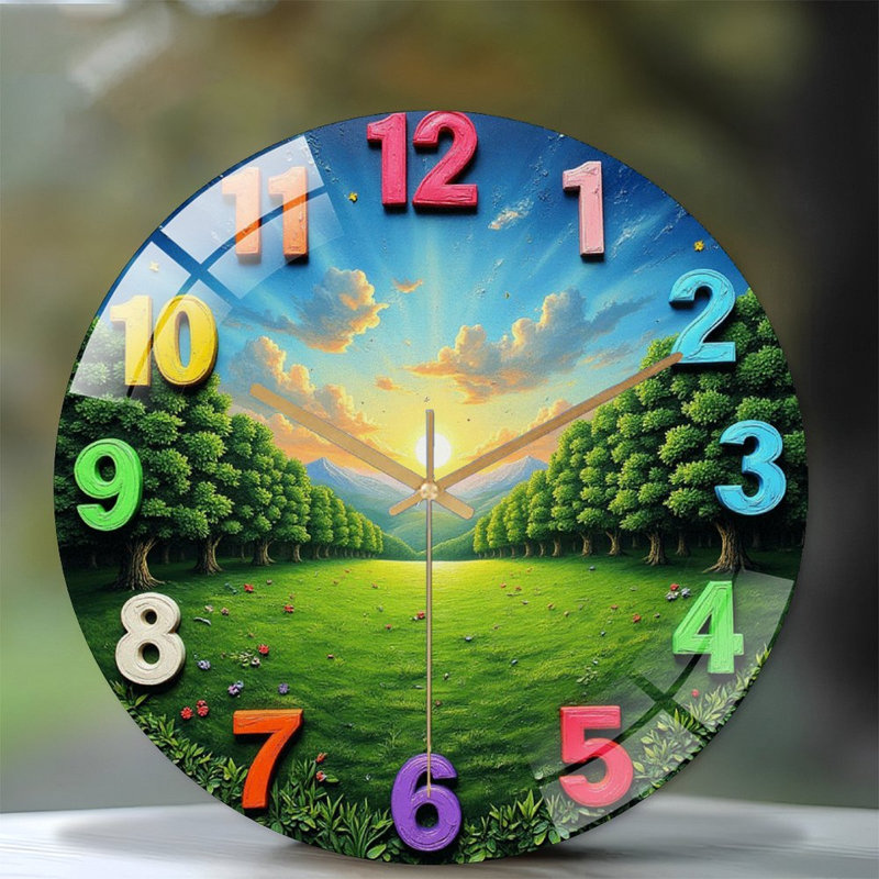 Horloge murale avec scène de paysage et chiffres colorés - horloge murale moderne en verre 12 po