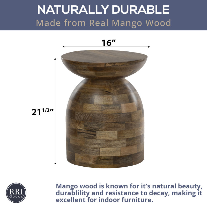 Table d'appoint ronde en bois de manguier 16 po avec carreaux patchwork - finition naturelle, entièrement assemblée