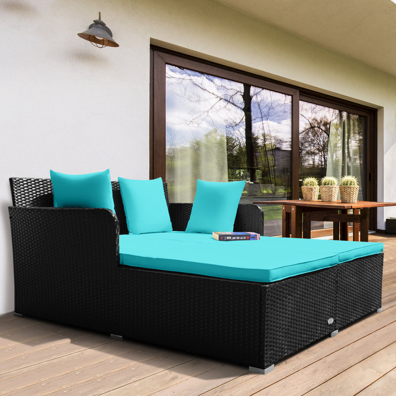 Lit de jour d'extérieur en osier de 52 po avec coussins, Turquoise
