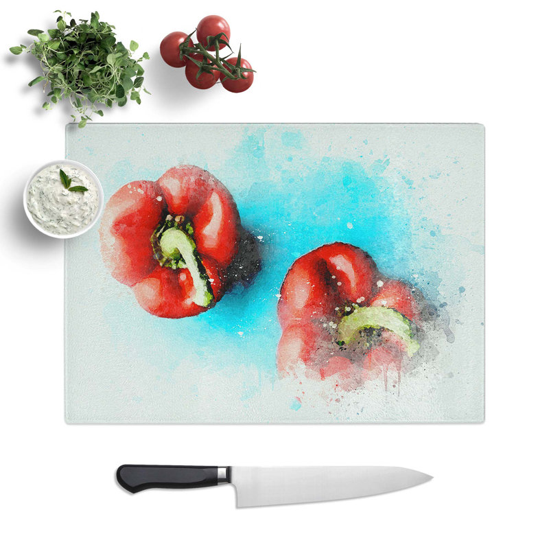 Tempered Glass Two Red Bell Peppers in Abstract Cutting Board, 39 cm W x 28.5 cm L
